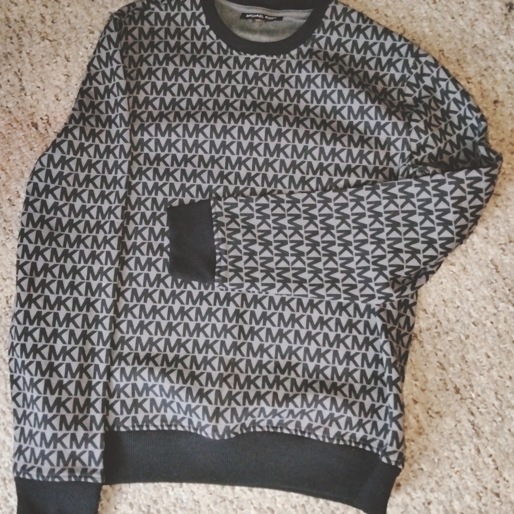 Michael Kors 'MK' Logo Black All Over White Long Sleeve Crew Sweater